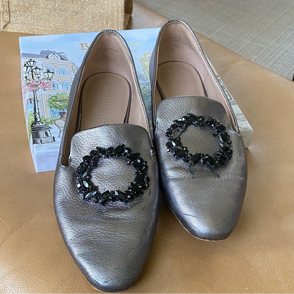 Karl Lagerfeld Leather Loafers Womens Flats Embellished Pewter 8.5